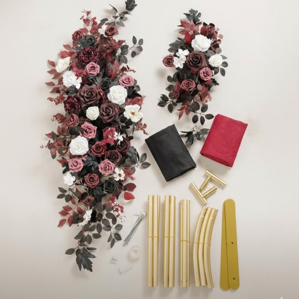 Wedding Arch Backdrop Stand 7.2FT with Flowers & Drapes‎ – Black Burgundy Decor - Picture 2 of 4